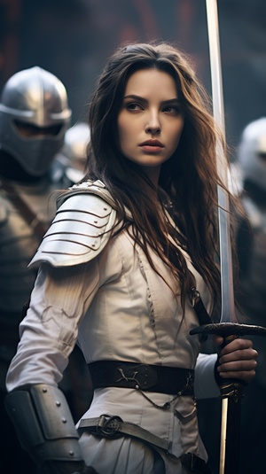 Chinese female soldiers in white armor, holding swords and standing on the battlefield, with exquisite facial features, long hair, black eyes, gorgeous costumes, movie lighting effects, high-definition photography, and a group of them in the style of movie lighting effects. ar 71:12