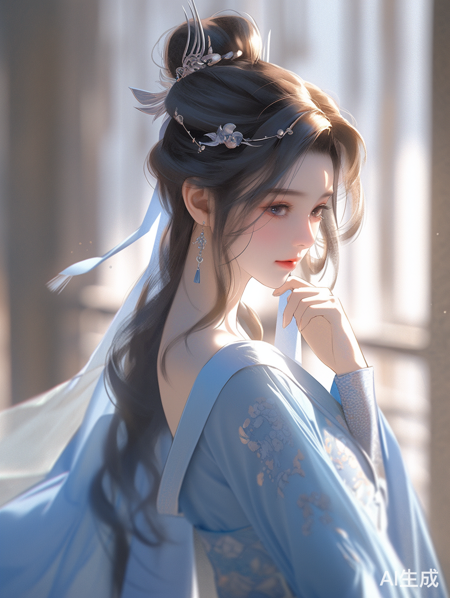 古代中国风格的室内背景中委屈的蓝衣青年女人