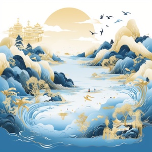 关键词：鎏金，山川，蓝色背景，极简，瀑布完整咒语：Chinese landscape, golden waterfall, blue mountain, minimalist style, embroidery craft, gilt, gold, white, freehand, blue background, HD, 4K ar 9:12 v 6#每日分享 #每日学习 #每日学习打卡 #中国风 #中国画 #风景 #鎏金 #山水画 #咒语 #咒语分享