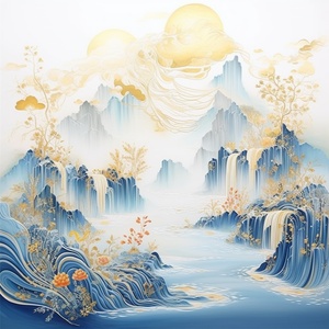 关键词：鎏金，山川，蓝色背景，极简，瀑布完整咒语：Chinese landscape, golden waterfall, blue mountain, minimalist style, embroidery craft, gilt, gold, white, freehand, blue background, HD, 4K ar 9:12 v 6#每日分享 #每日学习 #每日学习打卡 #中国风 #中国画 #风景 #鎏金 #山水画 #咒语 #咒语分享