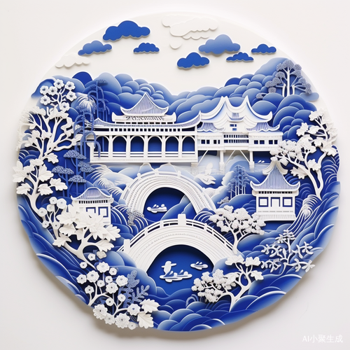 剪纸艺术的神奇融合：桥、水、树与云的月光之旅