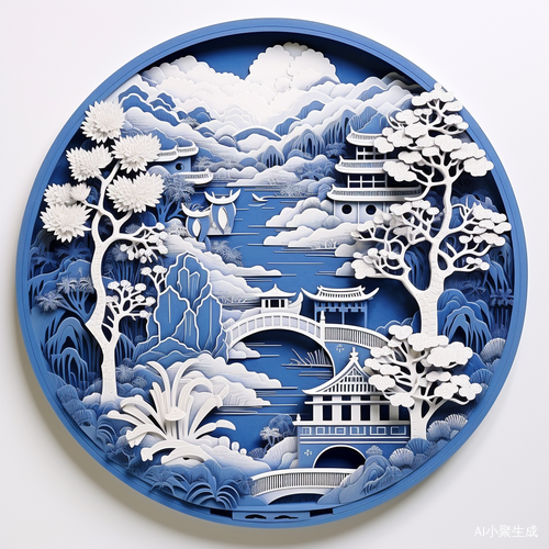 剪纸艺术的神奇融合：桥、水、树与云的月光之旅