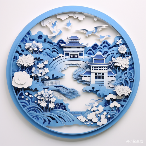 剪纸艺术的神奇融合：桥、水、树与云的月光之旅