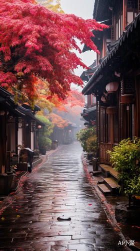 江南古镇大雨中鲜花盛开的漂亮景色