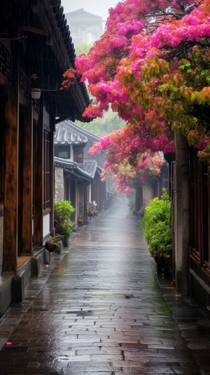 江南古镇，下起了大雨，两边的道路长满了鲜花，五颜六色，非常漂亮，安静，超清画质，超高清晰度，超高分辨率，16k ar 9:16