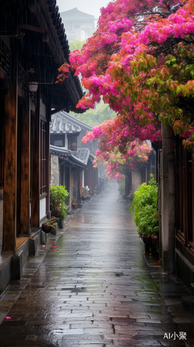 江南古镇大雨中鲜花盛开的漂亮景色