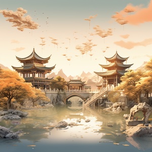 黄鹤西辞空余楼关键词提示： Ancient Chinese garden architecture, poster composition, gold powder, gold paint, classical landscape painting, surrealism#视觉艺术 #中国风 #Ai绘画 #AIGC #Ai #壁纸 #配色 #配色分享 #意境 #诗词 #古风 #国风 #新中式 #东方美学 #数字艺术 #插画 #绘画日常 #海报设计