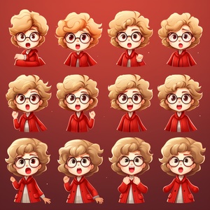 A girl with short curly hair, wearing white-rimmed glasses and a red coat,smiling, happy, crying , angry guffaw , emojis, 9 emoticons, multiple postures and expressions, personification style, different emotions multiple postures and expressions,Morandi color,Solid backgroundVintage 90' s anime style, 8k ar 3:4 s 750 niji 5