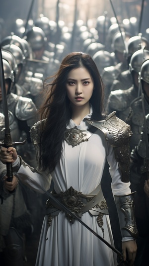 Chinese female soldiers in white armor, holding swords and standing on the battlefield, with exquisite facial features, long hair, black eyes, gorgeous costumes, movie lighting effects, high-definition photography, and a group of them in the style of movie lighting effects. ar 71:12