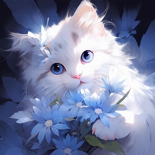 A lovely white cartoon cat, furry, with a blue flower in both hands, happy expression, blue background, high definition iw 2