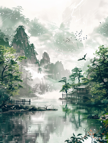国风山水画中的雪景