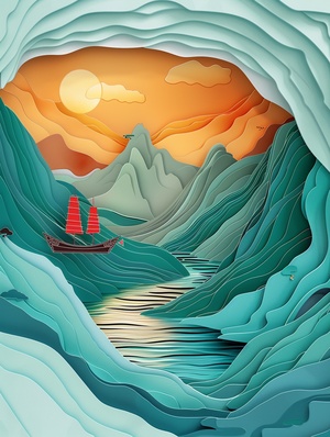 Chinese illustration , Tunnel composition,morandi color, multi-dimensional paper kirigami craft, paper illustration, minimalistic vector painting, Entre dos montañas hay un río con un antiguo barco chino de madera sobre él, y un hombre vestido con un traje de la dinastía Tang de pie en el barco con los brazos abiertos, trending on Artstation, colourful vanilla oil, 3d relief，exquisite details, an expansive view of, epic detail,16k ar 3:4 stylize 750#midjourney #壁纸 #中国风 #莫兰迪色 #多维纸艺 #隧道 #插画 #极简主义#midjourney关键