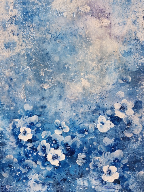 backdrop background, klein blue and white flowers, painted backdrop with texture, light pastel colors, delicate floral pattern, whimsical, delicate details, watercolor painting, light, soft edges, detailed, atmospheric, ethereal, vintage style, dreamy, magical, in the style of impressionist, oil paint, high resolution, high definition ar 3:4 s 750 v 6.0#midjourney #壁纸 #midjourney关键词 #克莱恩蓝 #水彩画 #油画 #花