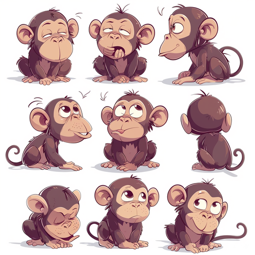 Nine poses and expressions of a cute monkey with Keith Harlem's graffiti style illustrations