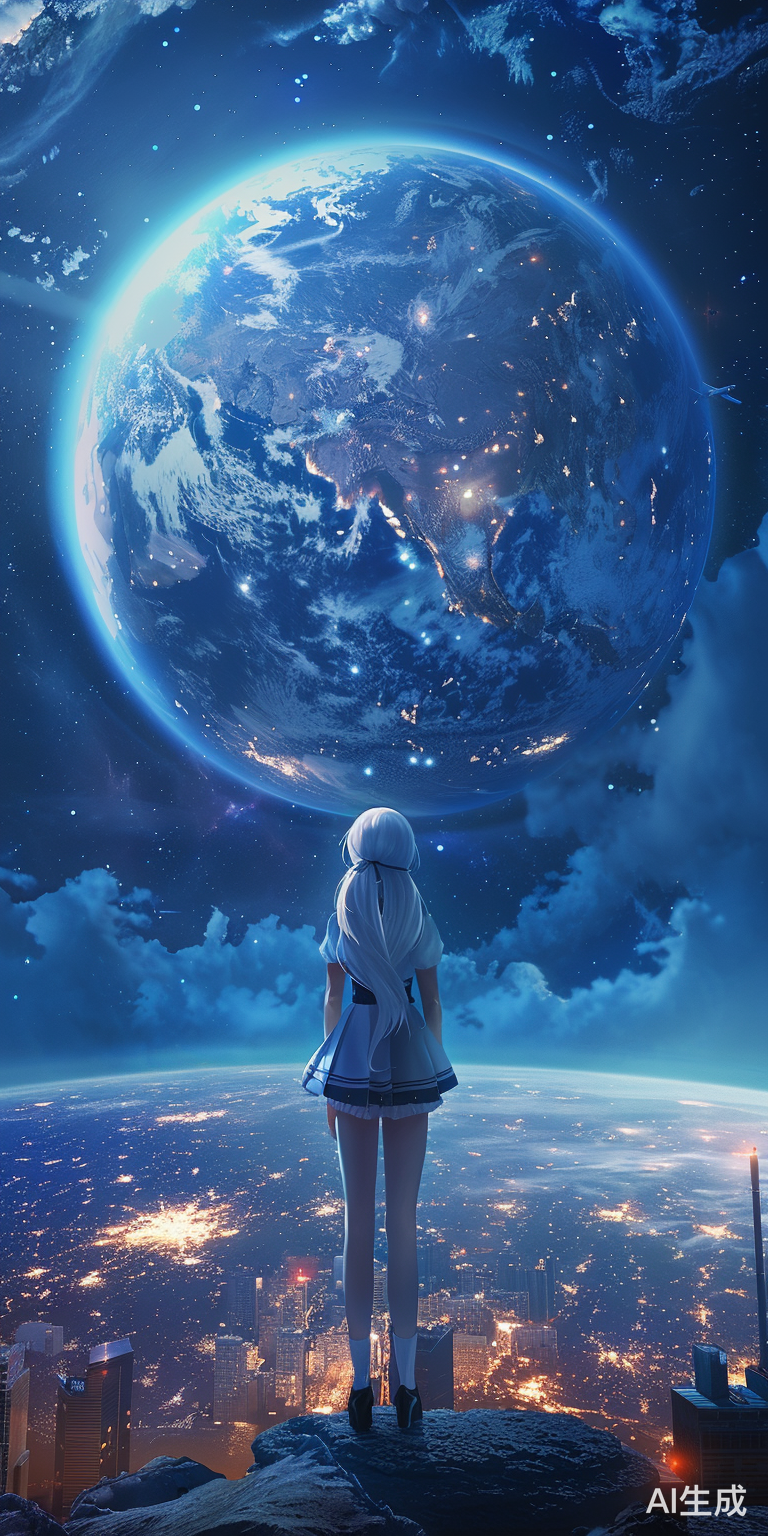 巨大女孩漂浮在宇宙中