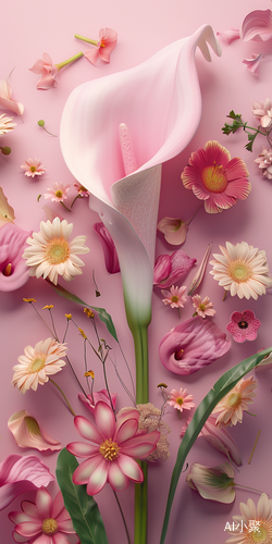 Pink Calla Lily and Other Flowers in Creative 3D Render