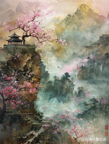 画画日常：水村烟柳，桃李花开