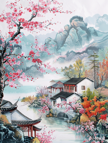 Chinese Countryside: A Vibrant Painting of Peach Blossoms
