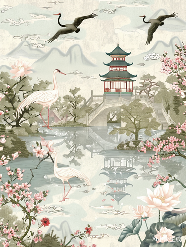 Title: 春色鹳雀楼：古典美与自然韵味的艺术描绘