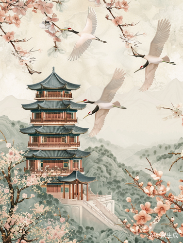 Title: 春色鹳雀楼：古典美与自然韵味的艺术描绘
