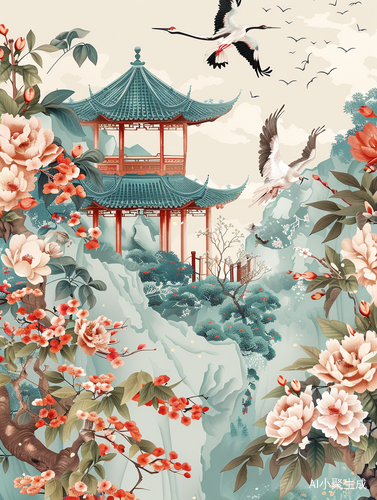 Title: 春色鹳雀楼：古典美与自然韵味的艺术描绘