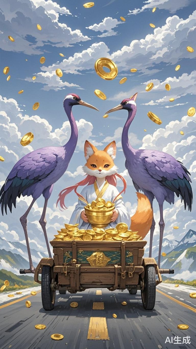 紫色大鹤拉车白灵狐送福金币铺路