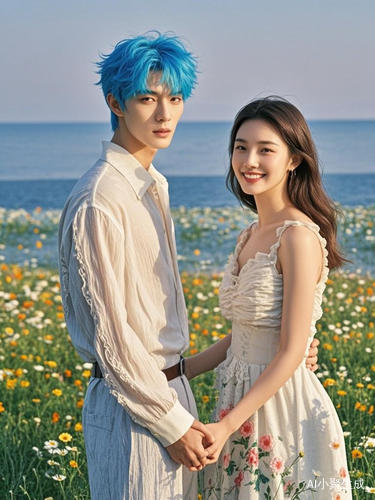 蓝发高男与女人海边拥抱的浪漫场景