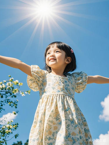 小女孩在阳光下仰望天空向阳而生的唯美感