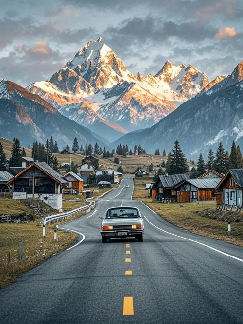 一辆车在公路上行驶，远处美丽的山景，道路两旁有小屋子，真实照