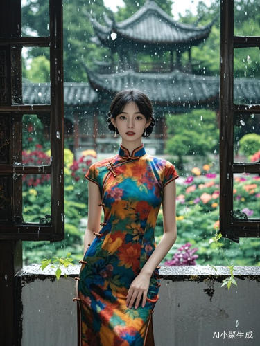 初秋细雨窗前静立的旗袍美女与宫廷花园