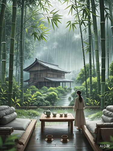 雨中竹林茶屋的治愈自然风景