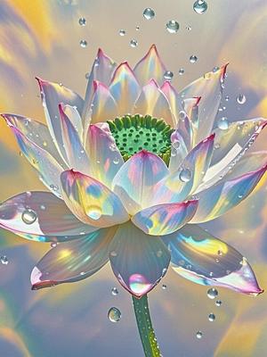 A lotus flower with transparent petals, a green core and pink edges, with pink petal edge embellishments, a glass texture effect, a pearl effect, on a white background, with a semi-transparent light yellow gradient in the middle of the flowers, as a super realistic digital art, with delicate details, water droplets on the flowers, sparkling dew drops, elegant lines, delicate curves, gorgeous and mysterious colors, and a sense of tranquility. in the style of .