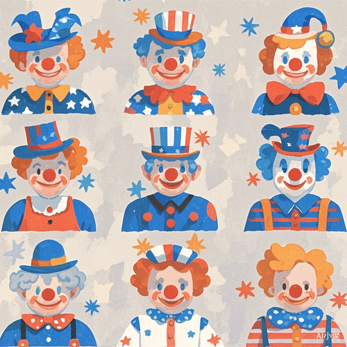 9 American Style Cute Clown Icons in Flat Illustration