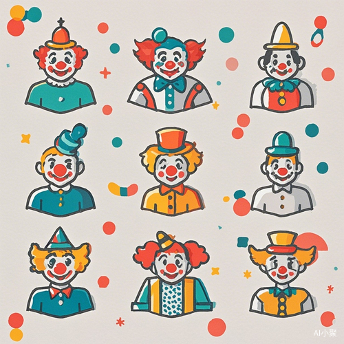 9 Cute Japanese Style Clown Icons in Cartoon Vector Graphics