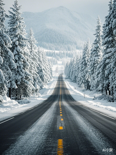 雪白公路两旁树木覆盖白雪