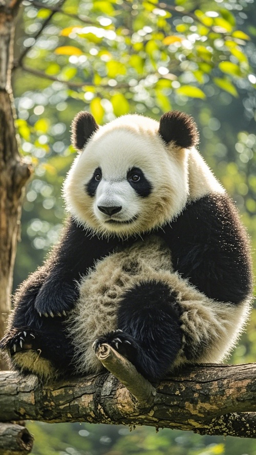 A cute panda, sitting on a tree branch, viewed from the back. It has an adorable baby face, a cute expression, a soft and fluffy belly, a chubby body, and fluffy fur. Its paws are also chubby. This high-definition, high-resolution photograph captures the panda's endearing features. ar 17:30