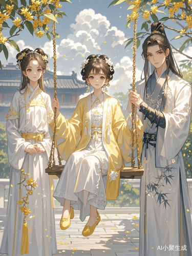 御花园秋千上的少女与白衣男子的静谧时光
