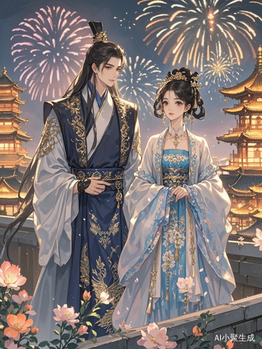 古风浪漫之夜帝王皇后观烟花
