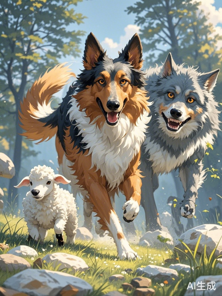 牧羊犬勇敢保护小羊驱赶大灰狼