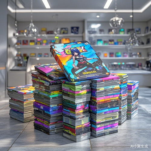 超炫酷的3D碳纤维卡牌堆满货架室内背景