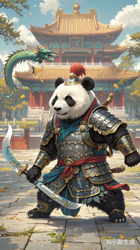 身穿古代铠甲的熊猫练刀法模仿关羽
