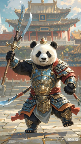 熊猫将军练刀法身穿铠甲模仿关羽