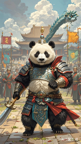 身穿铠甲的熊猫在练武场耍青龙刀