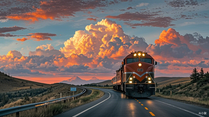 飞驰公路上的火烧云与机车