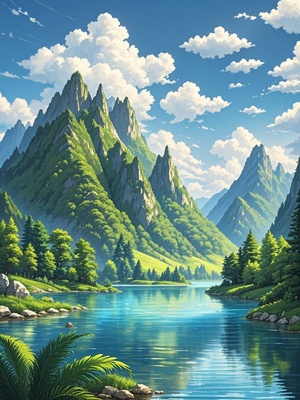 青山绿水与蓝天白云的真实感