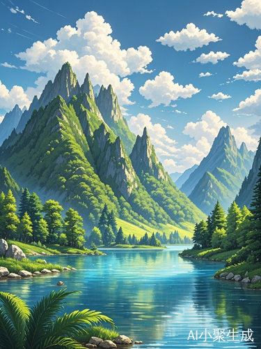 青山绿水与蓝天白云的真实感