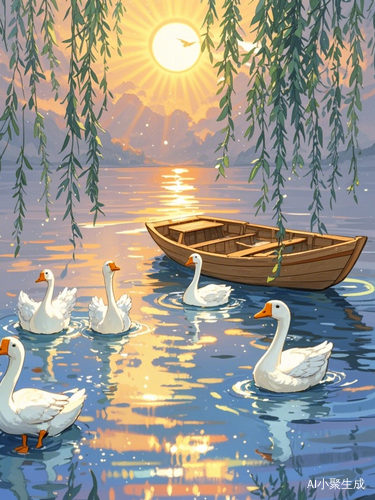 晨曦湖面上的动画美景与白鹅悠游