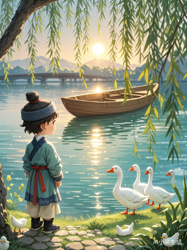 湖边少年吟诗于波光粼粼的美丽早晨