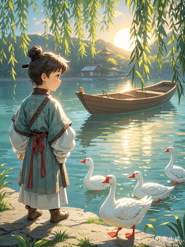 湖边少年吟诗于波光粼粼的美丽早晨