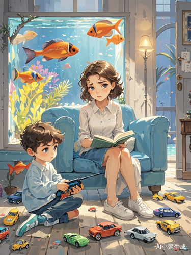 时尚年轻妈妈在地中海风格客厅中愁眉苦脸